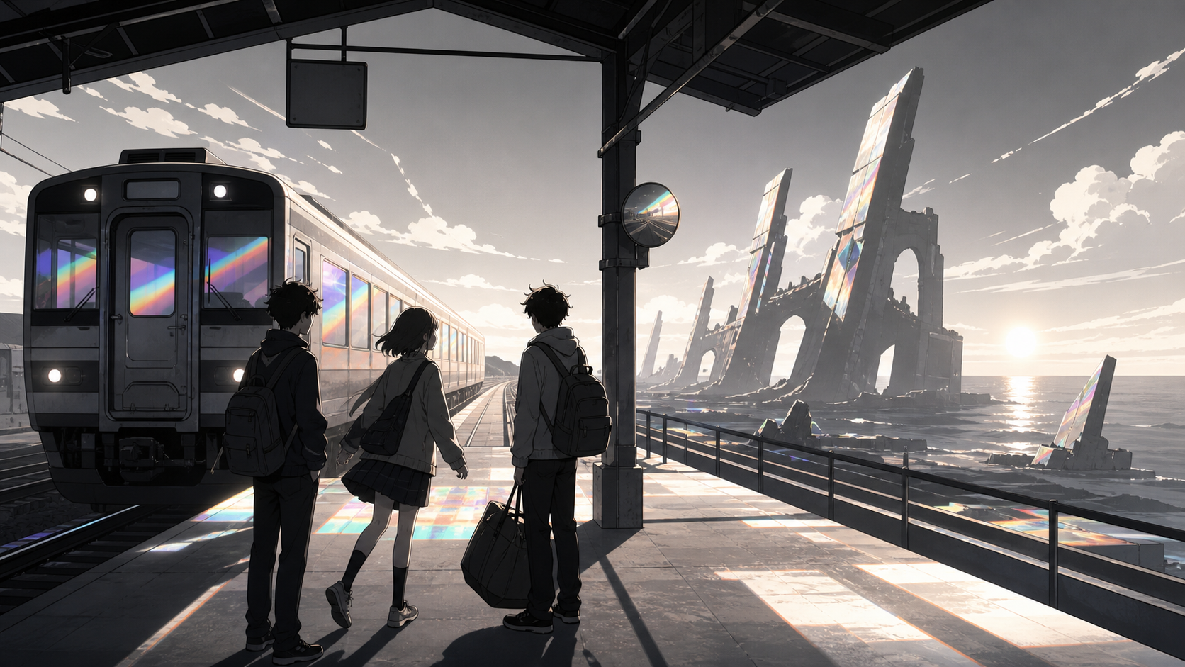 Teen friends taking their first independent trip to the sea, between stations as the passing landscape becomes the main story. Platform-wide composition with the arriving train creating a strong line. Monochrome graphite