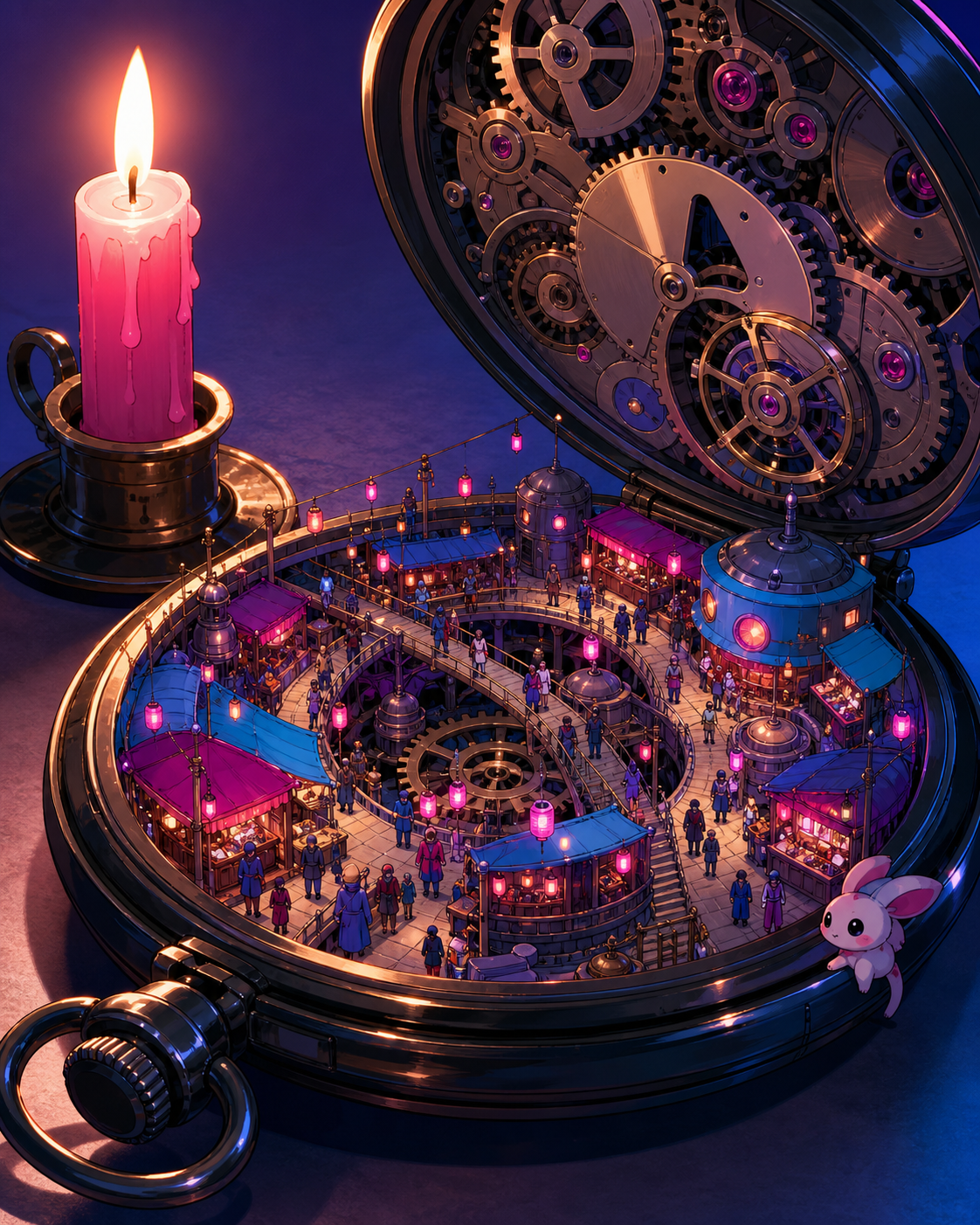 A bustling market hidden inside the mechanism of a pocket watch, during a miniature festival full of delicate points of light. Macro diorama composition with one ordinary object anchoring scale. Saturated magenta, electr