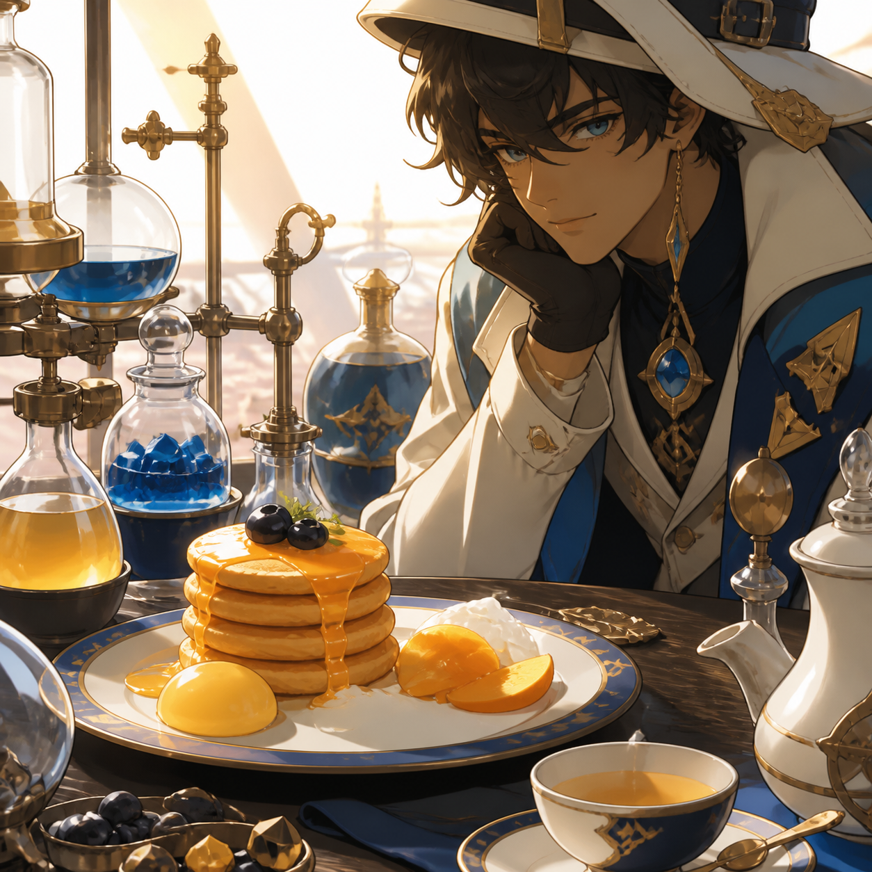 A traveling alchemist's breakfast arranged among curious glass instruments, lit for a magical late-night café menu without any written text. Intimate close-up with shallow depth and layered foreground details. Saffron, p