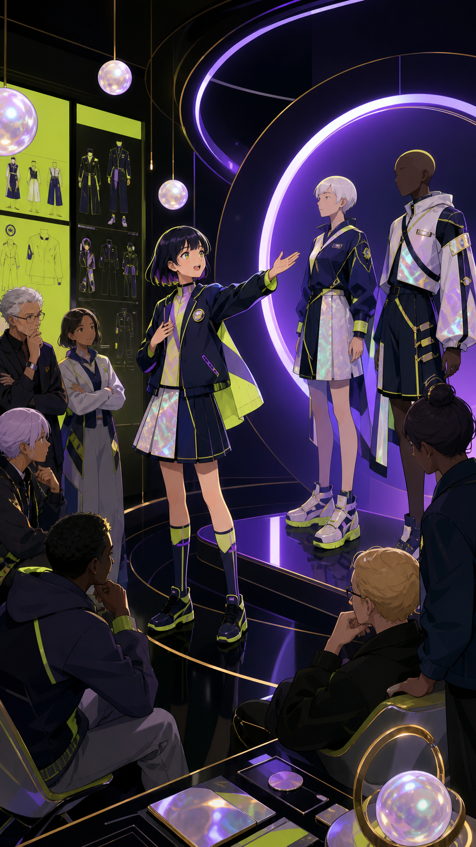 A teenage designer presenting school uniforms adapted for low gravity, at a bold editorial moment grounded by natural human expression. Full-body fashion narrative with environment supporting the outfit. Acid lime, ultra