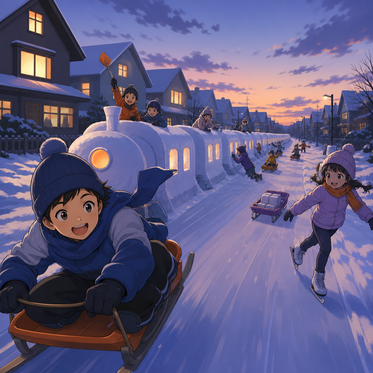 Children building a snow train long enough for the whole neighborhood, at the warm transition from afternoon into evening lights. Low action view along a sled or skating path. Pale lavender, icy blue, graphite, and one w
