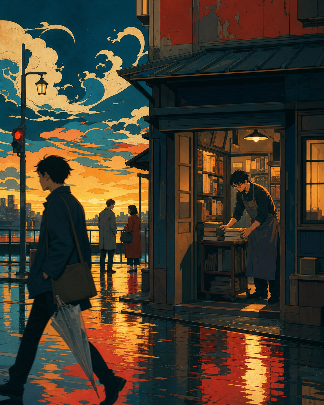 The owner of a tiny used-book shop closing long after midnight, just after rain leaves every street reflecting a different color. Observational street-level frame with foreground movement and a clear focal story. Petrol 