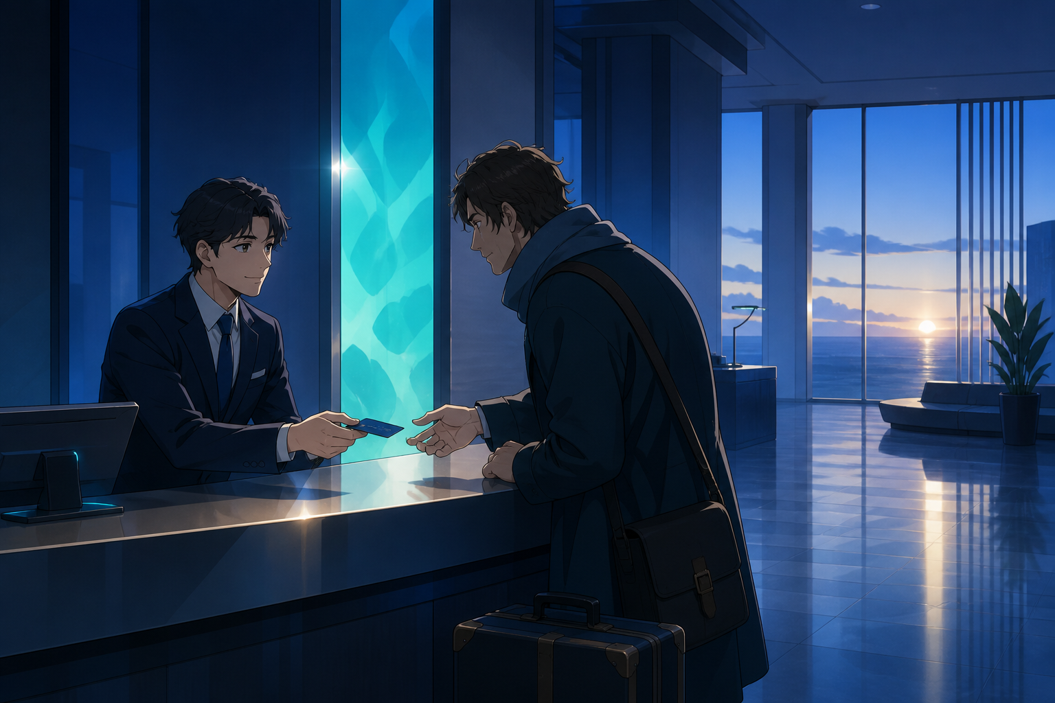 A hotel desk clerk helping a traveler who arrived several decades early, centered on an ordinary task made memorable by the unusual setting. Intimate counter-side composition surrounded by empty architecture. Ultramarine