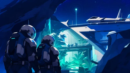 Two exosuit miners discovering a warm garden beneath an asteroid quarry, as an unfamiliar signal provides one precise destination. Helmet-level view toward the destination across a