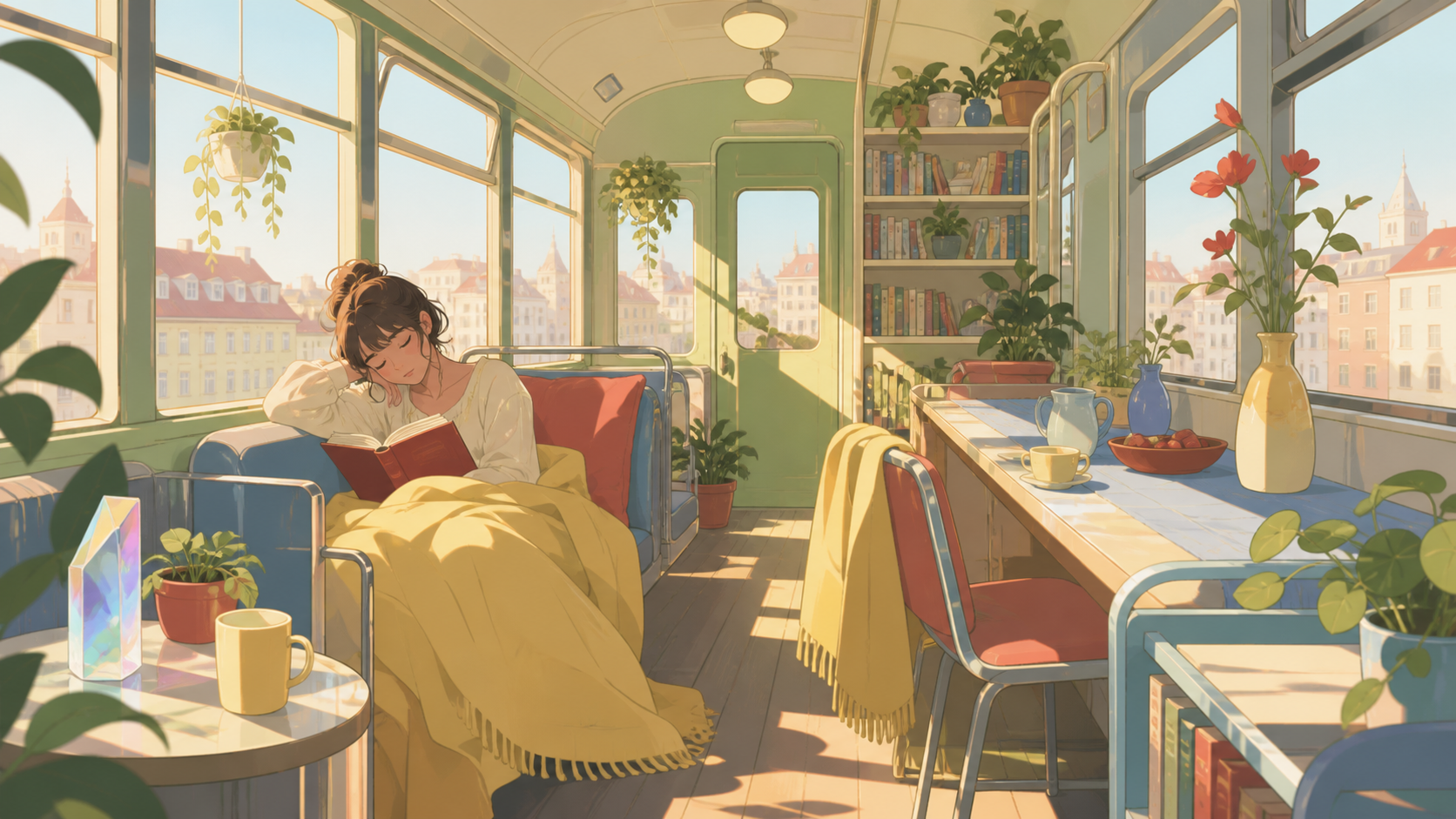 A greenhouse reading room built into an old city tram, during a quiet afternoon nap interrupted by one small mishap. Inviting room-wide composition with several discoverable details. Soft pistachio, butter yellow, powder