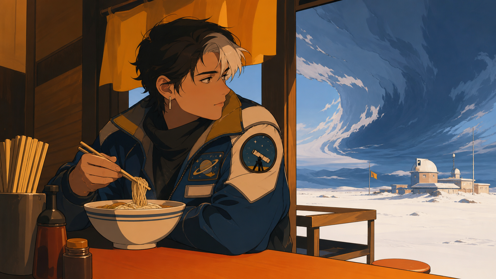 An adult nonbinary astronomer with a patched observatory uniform, waiting at the last open noodle stand before a supernatural storm. Intimate three-quarter view with strong foreground and background layers. Saffron, peac