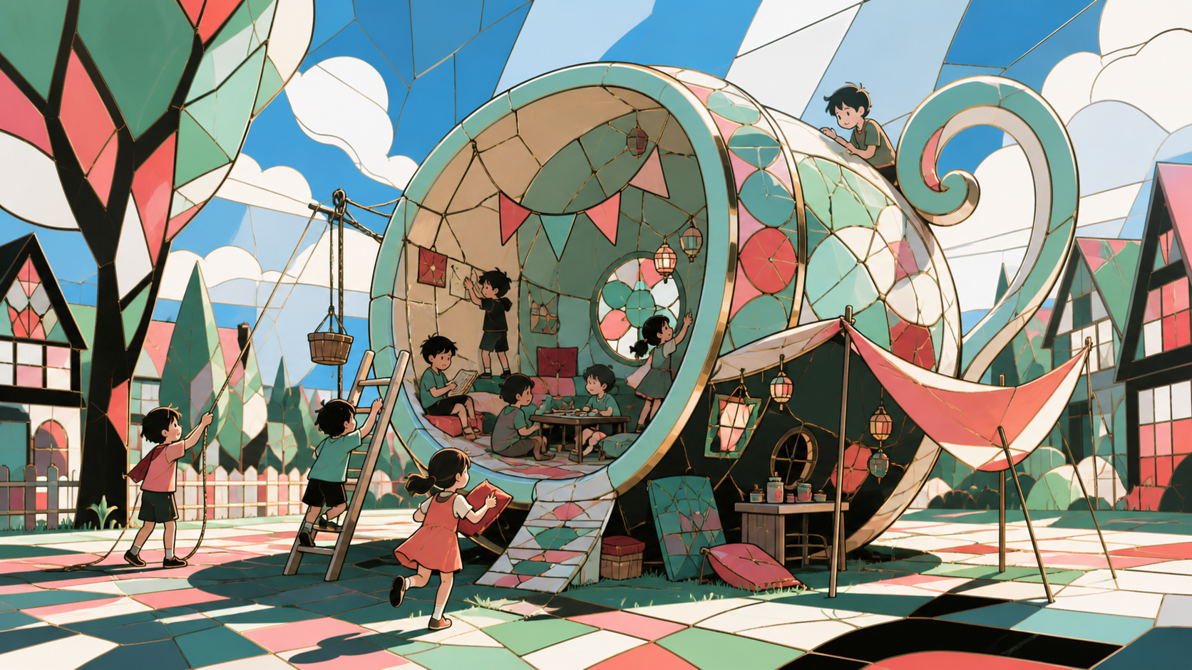 Children using a giant fallen teacup as a neighborhood clubhouse, in clear daylight so scale relationships remain immediately readable. Elevated composition revealing how people adapted the object into landscape. Celadon