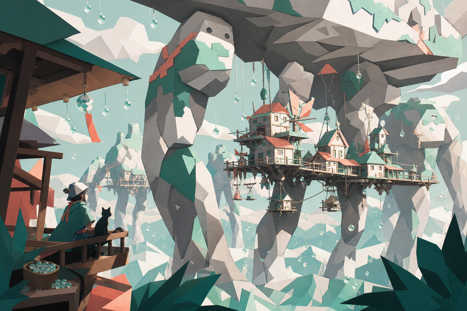 A mountain village suspended beneath migrating stone giants, during gentle rainfall that turns into floating glass beads. Wide landscape composition with dramatic foreground framing. Sea-glass green, faded coral, storm g