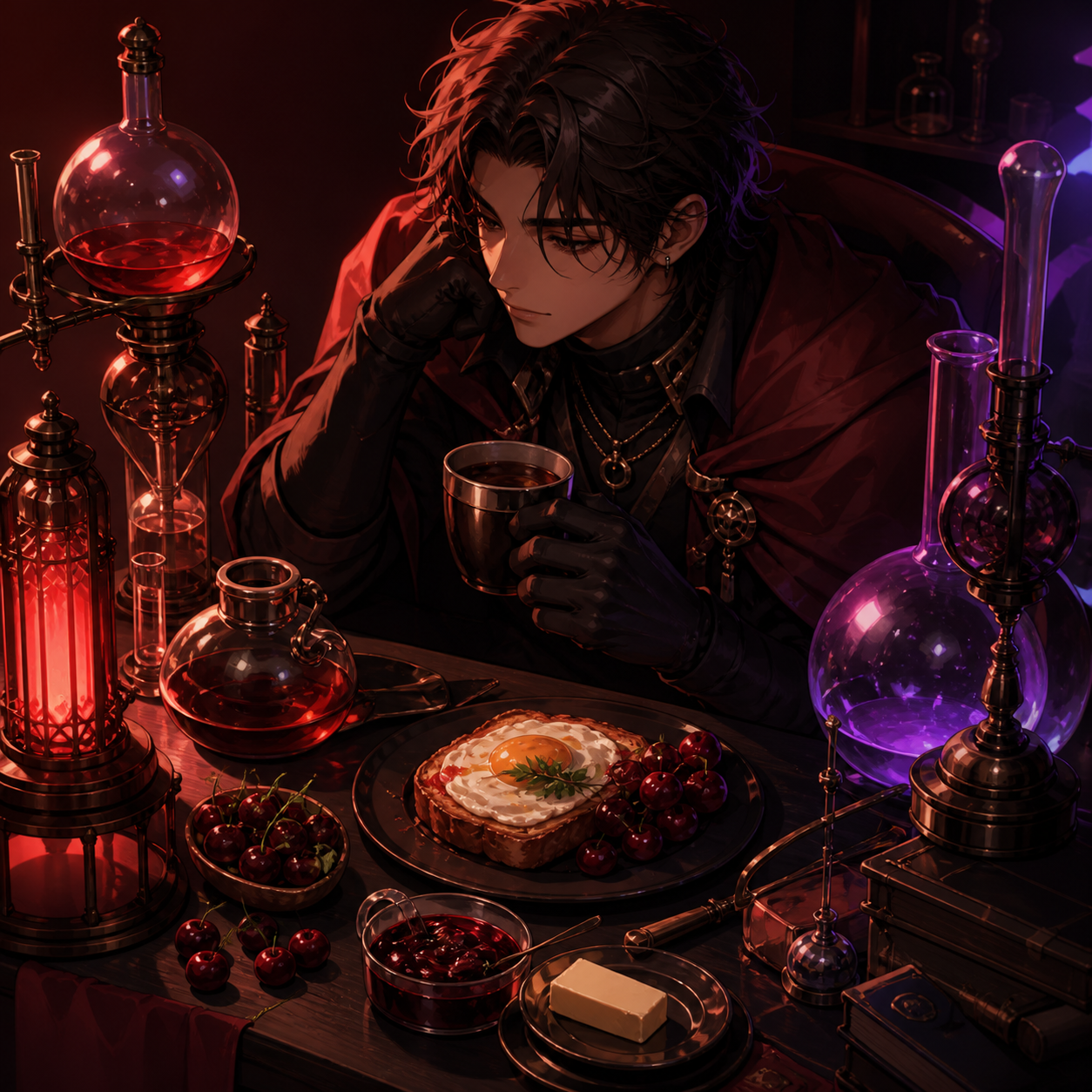A traveling alchemist's breakfast arranged among curious glass instruments, lit for a magical late-night café menu without any written text. Carefully composed tabletop still life viewed slightly from above. Crimson, bla