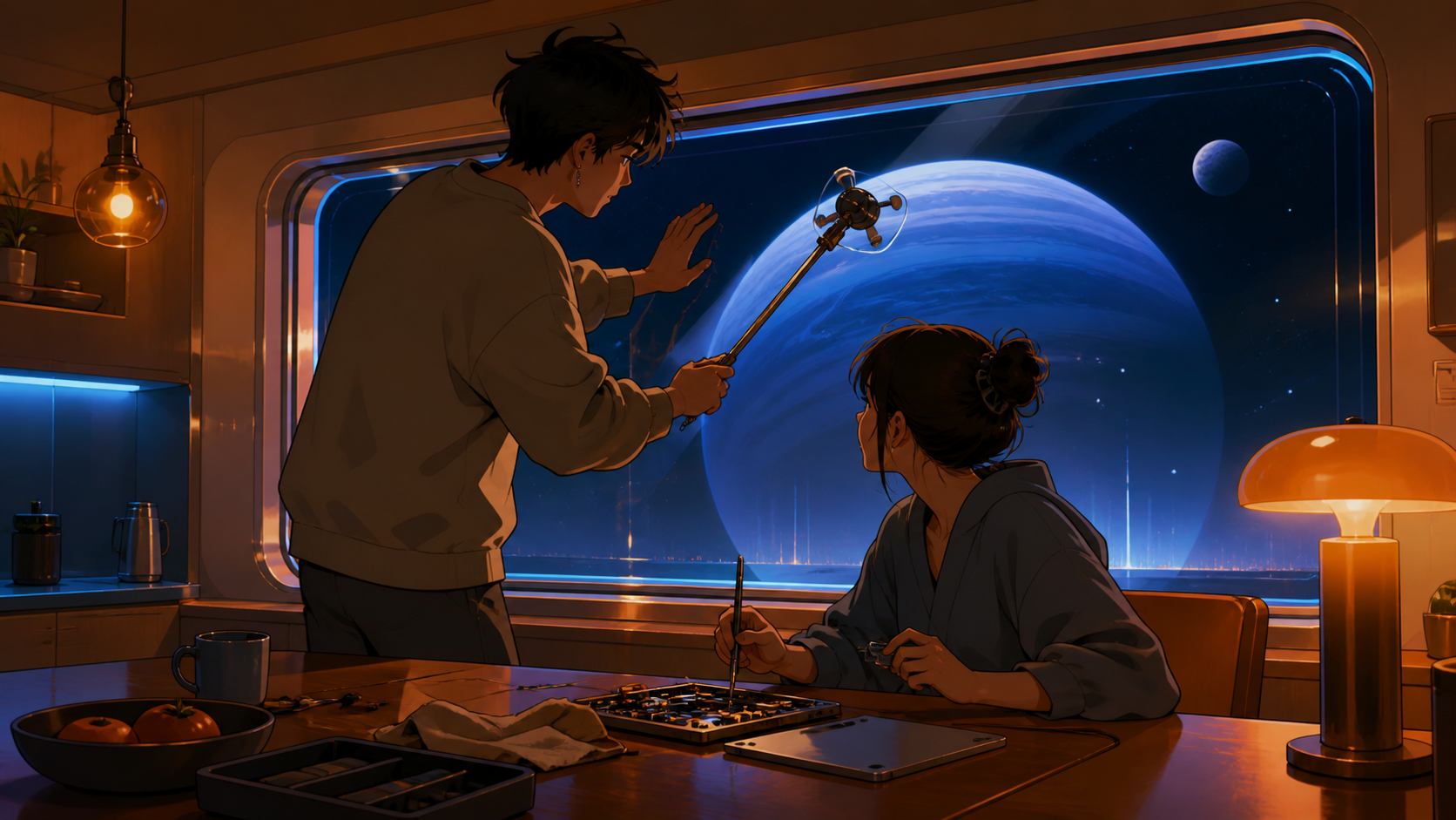 Two roommates repairing a window view that is displaying the wrong planet, during a small household inconvenience solved with improvised tools. Intimate table-level composition anchored by a shared everyday task. Amber, 