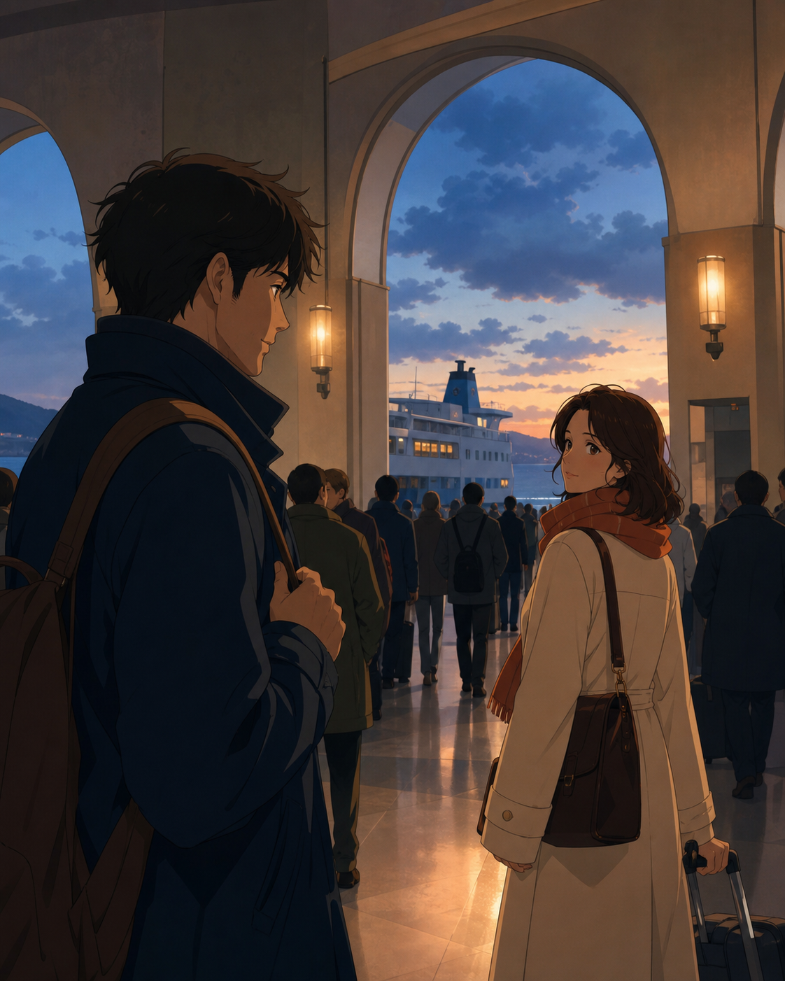 Two adult travelers recognizing one another across a crowded ferry terminal, captured through a small gesture rather than an exaggerated embrace. Cinematic two-person frame using architecture and negative space to expres