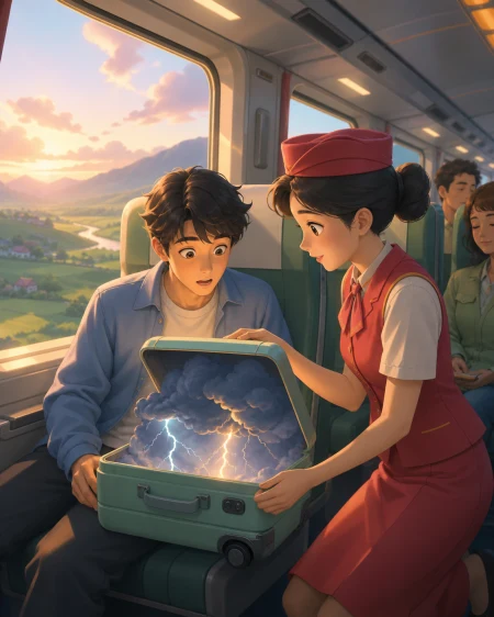 A train attendant helping a traveler whose luggage contains a tiny thunderstorm, during the quiet interval between departure and arrival. Window-side two-person composition with th