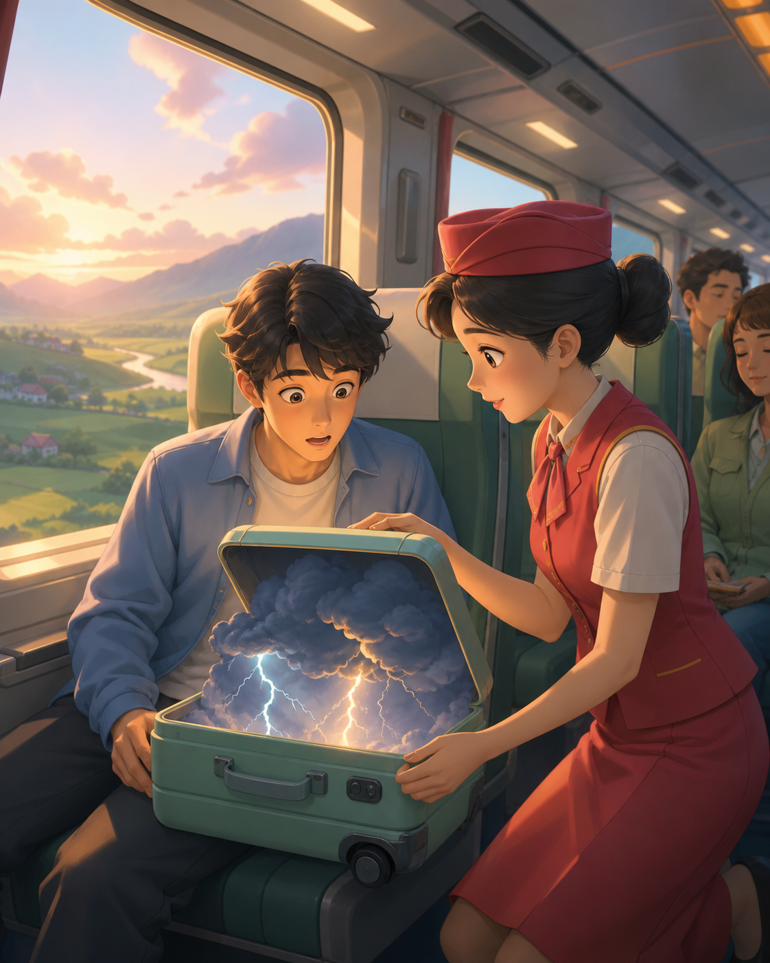 A train attendant helping a traveler whose luggage contains a tiny thunderstorm, during the quiet interval between departure and arrival. Window-side two-person composition with the journey visible beyond. Soft pistachio
