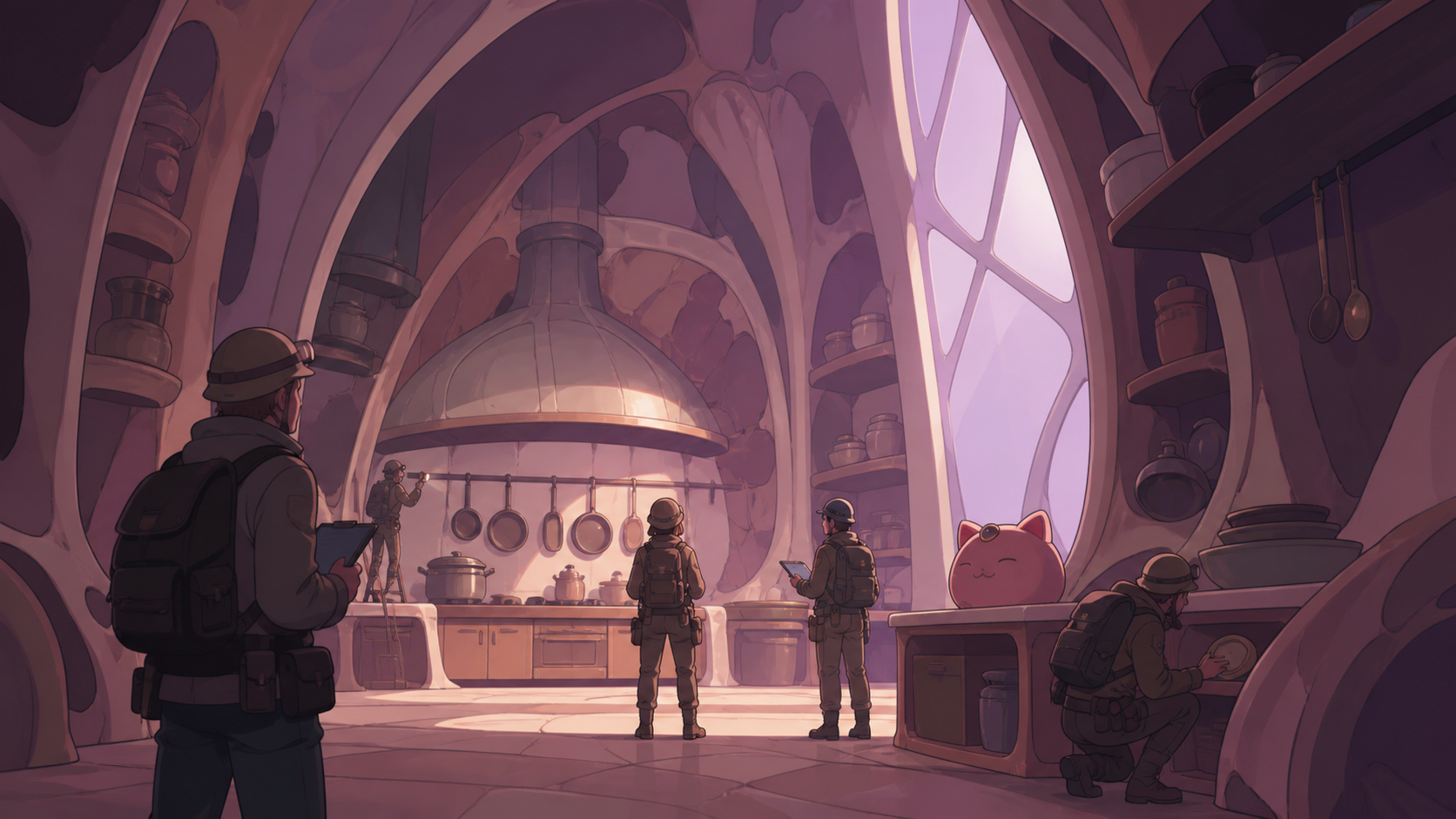 A research team entering a perfectly preserved kitchen inside a buried titan, as a familiar artifact appears in an impossible historical context. Vertical chamber composition with people placed clearly for scale. Mulberr