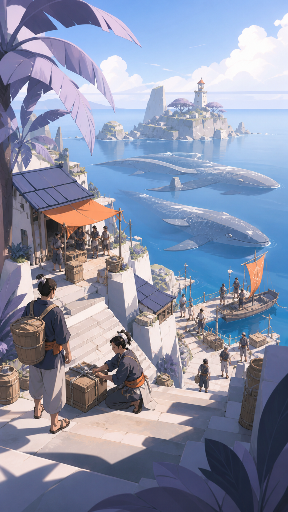 A coastal village preparing for the annual arrival of gentle sea giants, under clear morning light with every route easy to read. Elevated coastal composition balancing settlement, water, and landmark. Pale lavender, icy