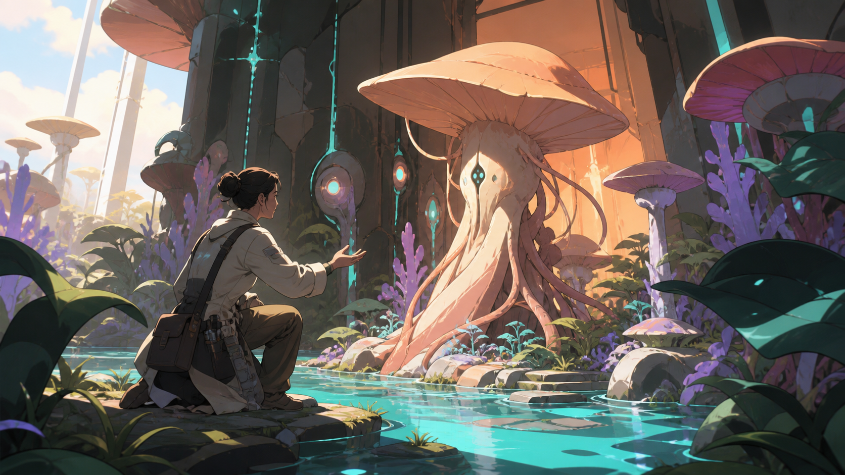 An adult botanist negotiating with a newly intelligent fungal forest, after rainfall activates hidden biological structures throughout the scene. Lush environmental composition with technology discovered gradually among 