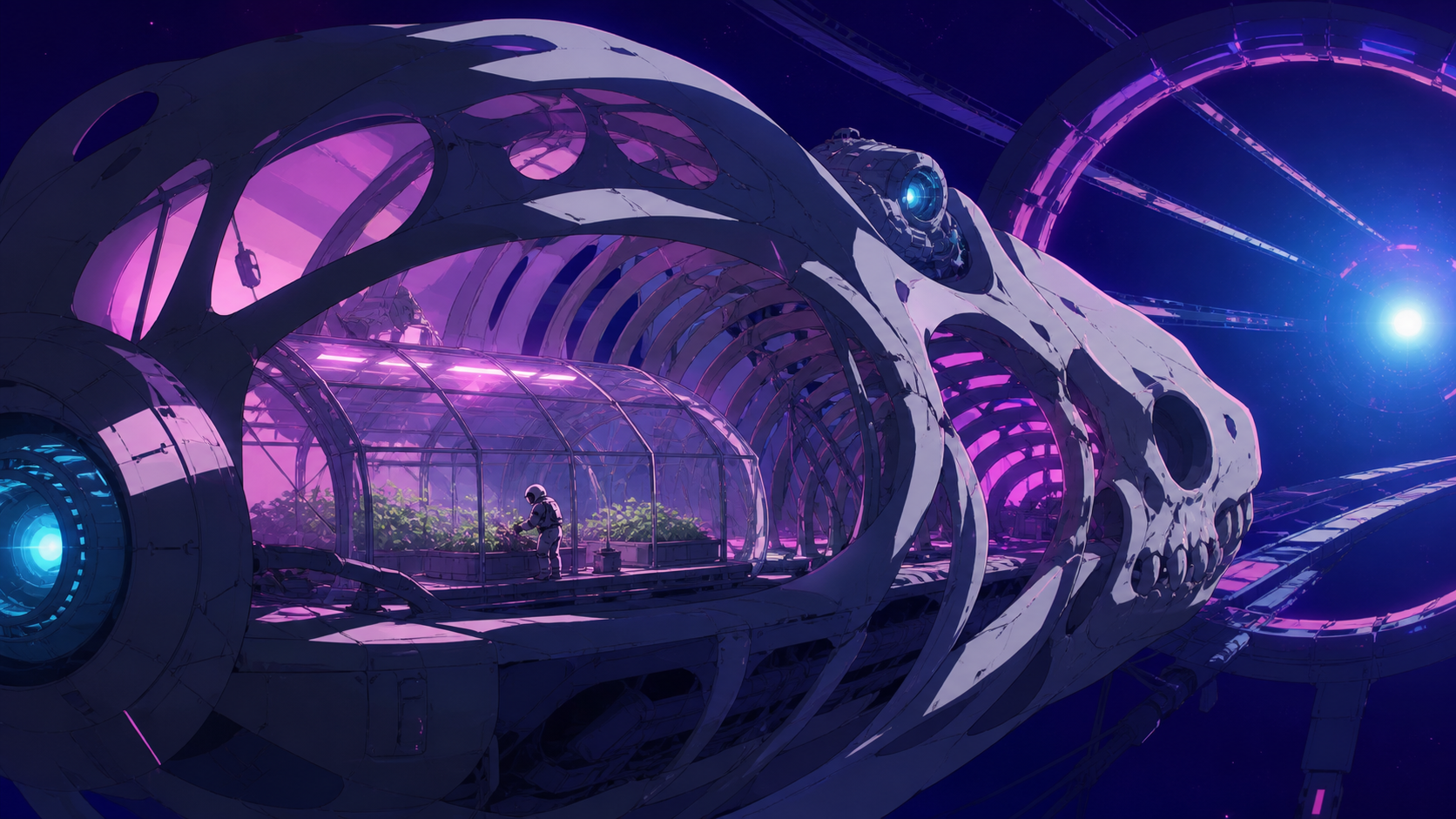 An astronaut tending a greenhouse inside the skeleton of a moon-sized creature, at the calm center of a vast gravitational phenomenon. Expansive widescreen composition with strong negative space. Saturated magenta, elect