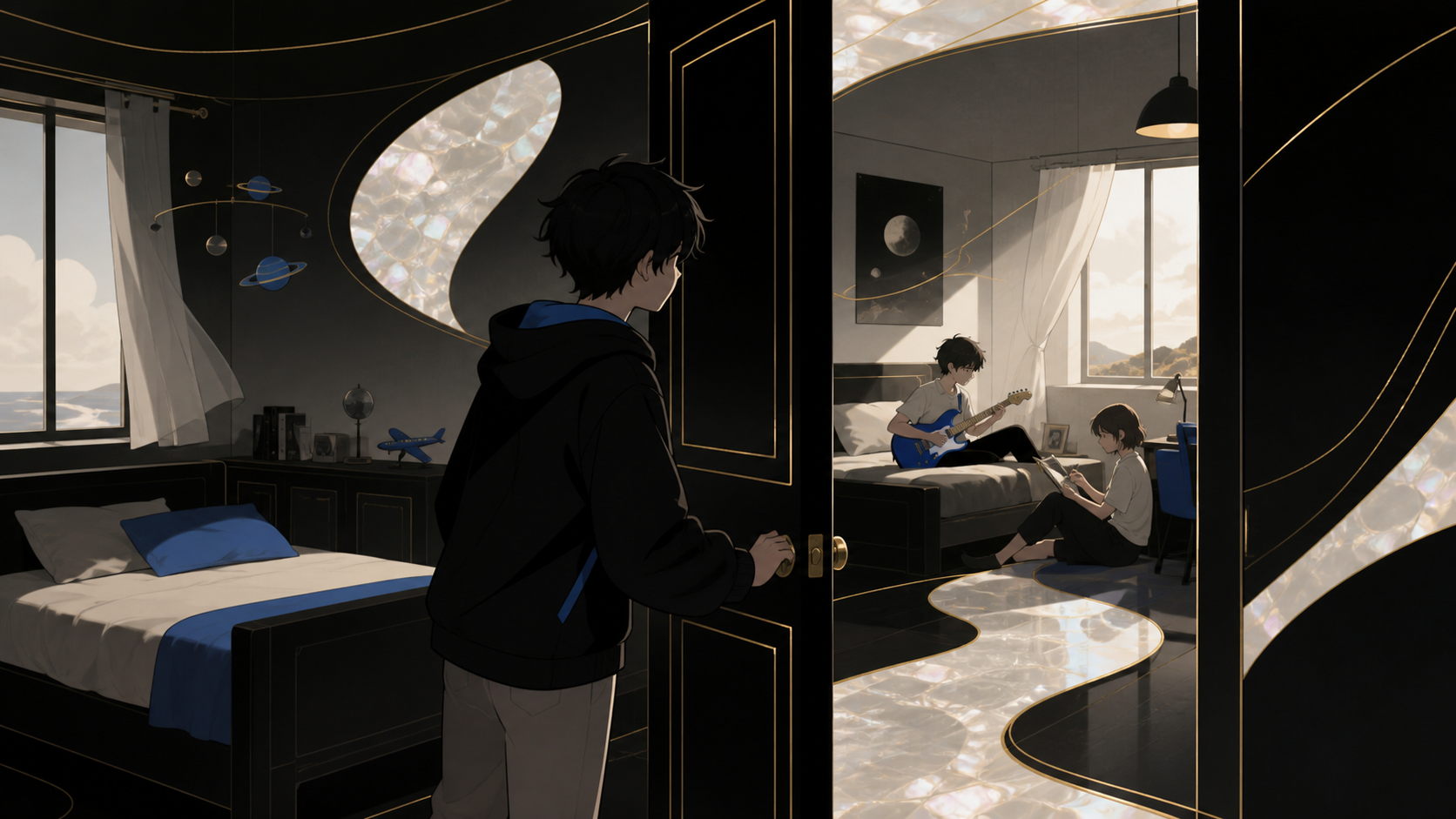 A teenager opening a bedroom door onto the same room from a different year, as characters test the boundary between two connected realities. Wide scene structured around one elegant spatial fold. Soft monochrome with a s