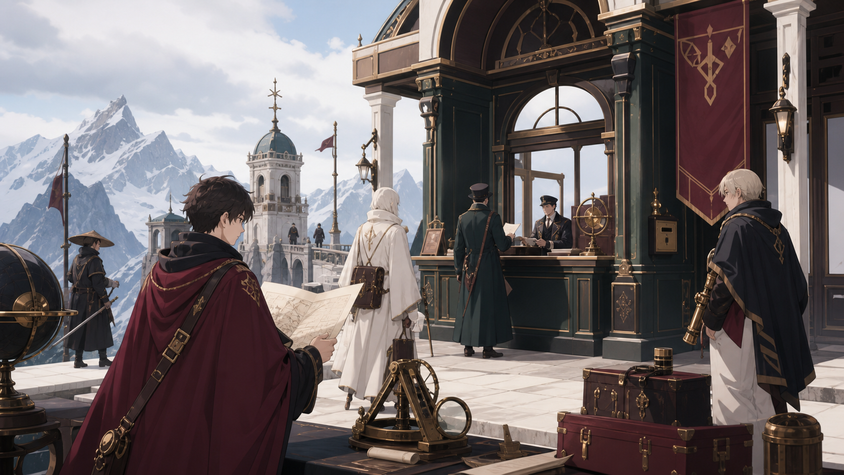 A mountain postal station serving travelers from several impossible centuries, at dawn after a discovery quietly changes their understanding of the world. Wide narrative composition with period architecture guiding the e