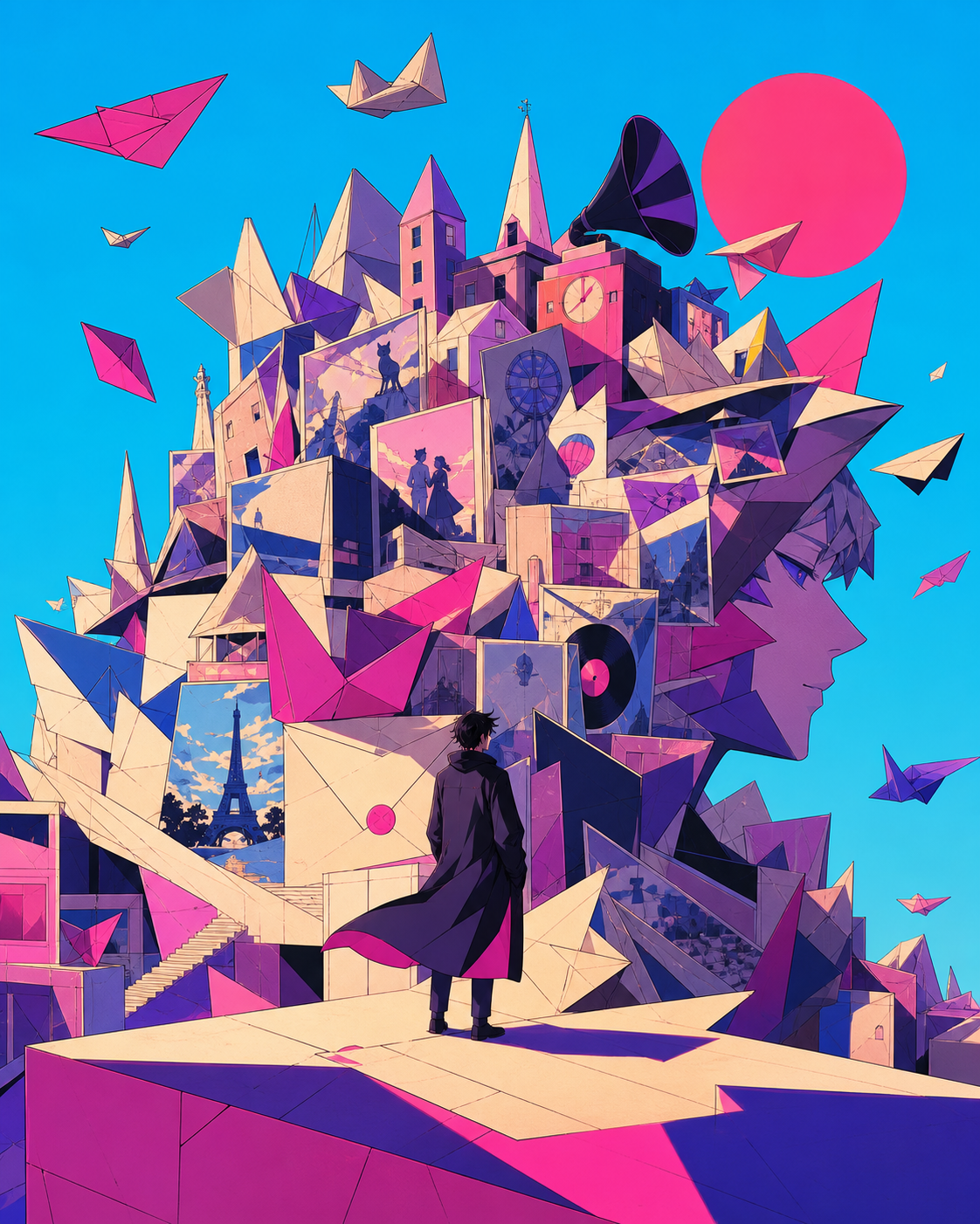 A city assembled entirely from folded memories represented as translucent paper, built from layered symbolic objects that reward close inspection. Carefully staged surreal tableau with a single unmistakable focal point. 