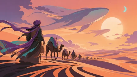 A caravan following the migrating shadows of enormous sky whales, during a difficult crossing made beautiful by unfamiliar weather. Low desert viewpoint using foreground wind patte