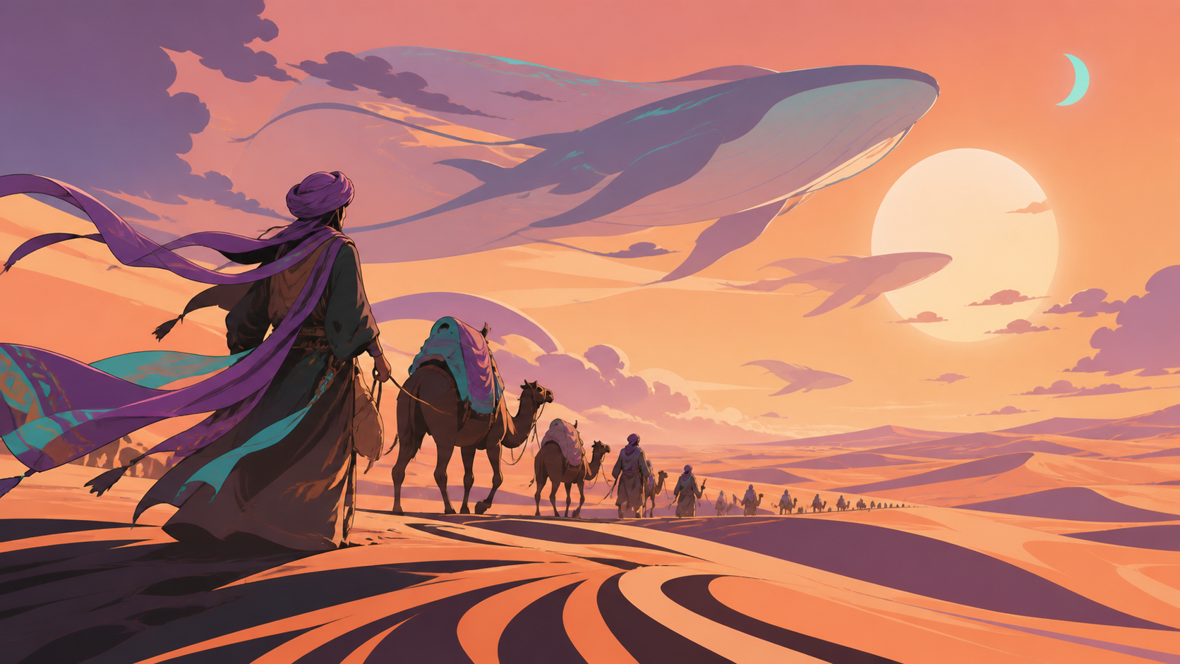 A caravan following the migrating shadows of enormous sky whales, during a difficult crossing made beautiful by unfamiliar weather. Low desert viewpoint using foreground wind patterns to lead toward the destination. Apri