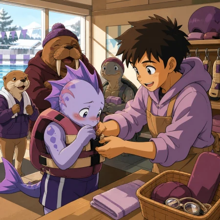 A shy sea creature learning to use a public swimming pool, during ordinary community life centered on kindness and humor. Intimate counter or workshop interaction focused on helpfu