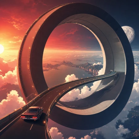 A road trip continuing across the inside and outside of a giant ring, with one simple impossible rule controlling the entire image. High viewpoint revealing how the entire world co