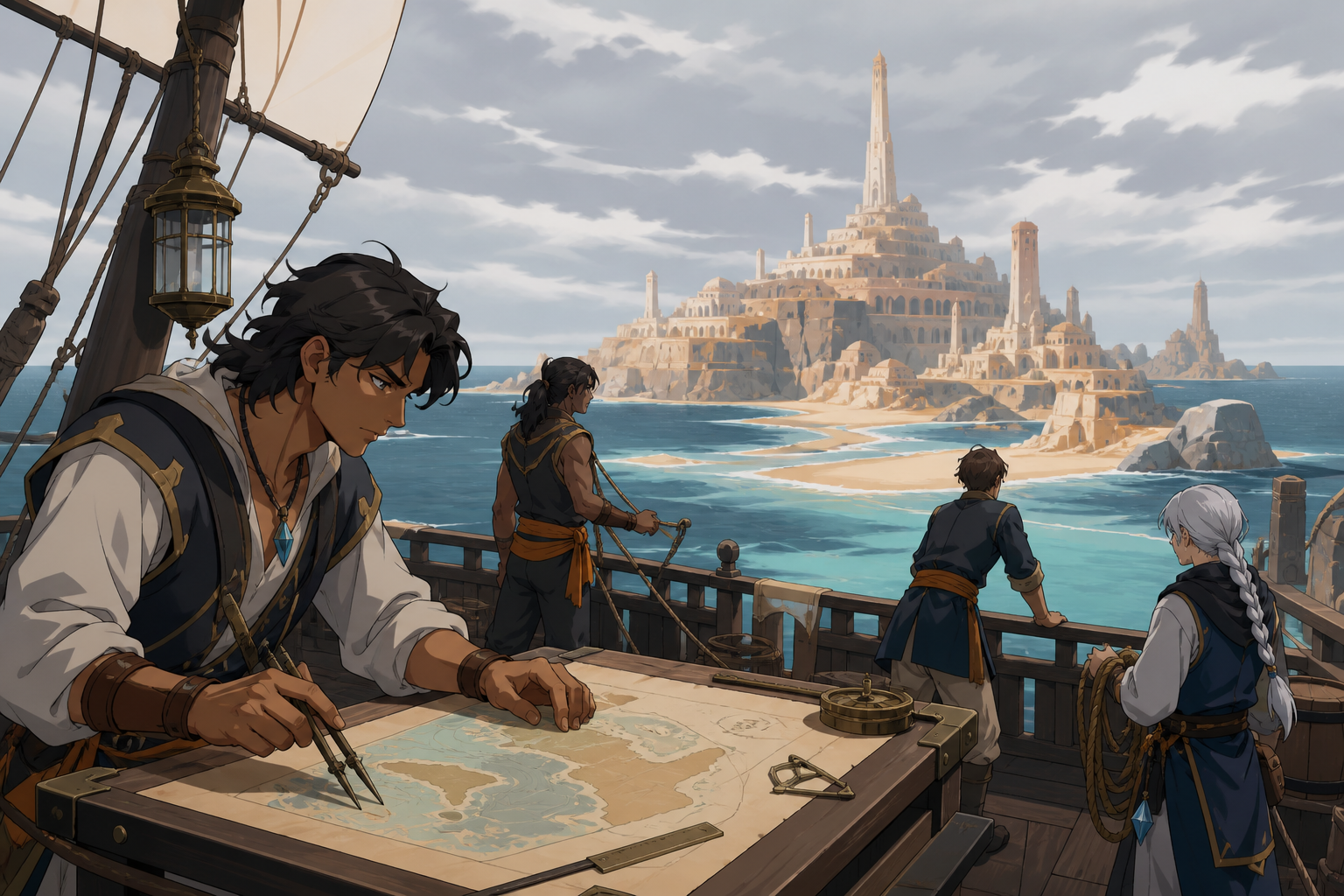 An adult cartographer mapping an island that changes shape with each tide, mid-voyage with practical deck work revealing the crew's relationships. Deck-level frame looking past the crew toward an approaching landmark. Su
