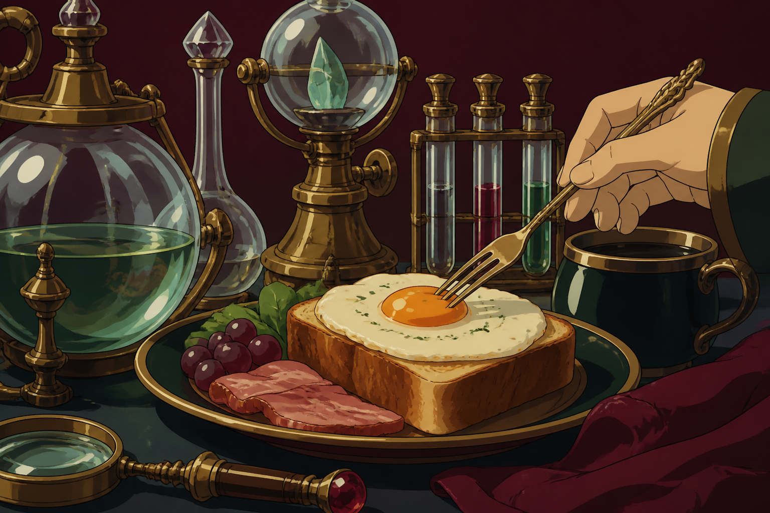 A traveling alchemist's breakfast arranged among curious glass instruments, presented moments before someone takes the first bite. Intimate close-up with shallow depth and layered foreground details. Burgundy, midnight g