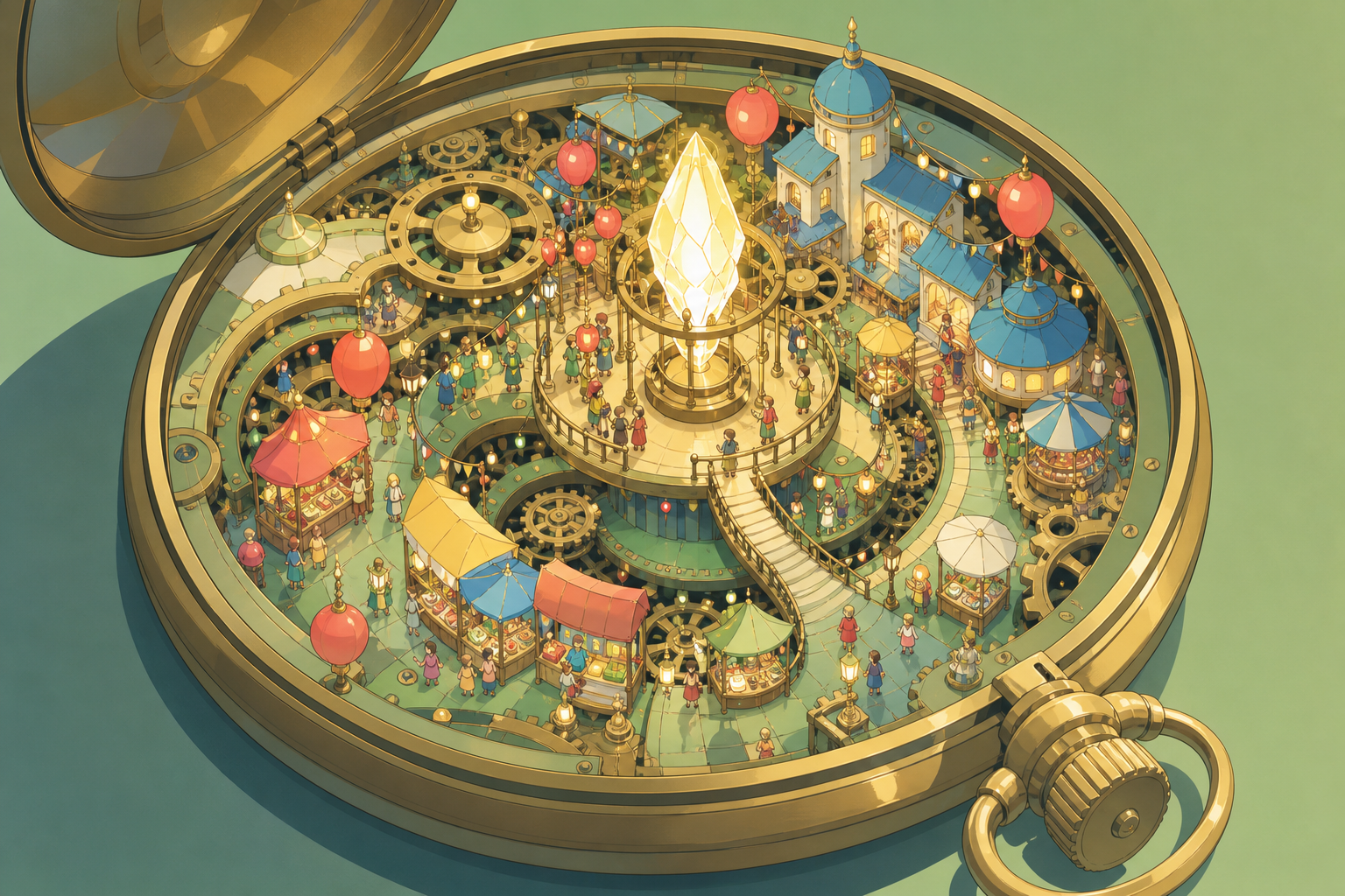 A bustling market hidden inside the mechanism of a pocket watch, during a miniature festival full of delicate points of light. Isometric-like miniature vista with multiple readable zones of activity. Soft pistachio, butt