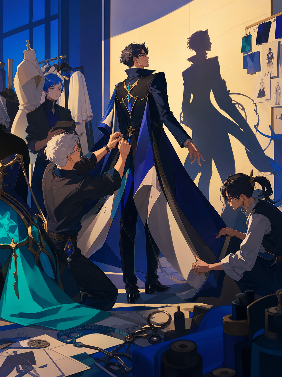 An adult designer fitting a formal coat whose shadow moves independently, during the focused preparation before a major reveal. Backstage ensemble scene organized around the central fitting. Ultramarine, bioluminescent t