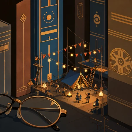 Tiny explorers establishing a camp between enormous library books, during a miniature festival full of delicate points of light. Macro diorama composition with one ordinary object 