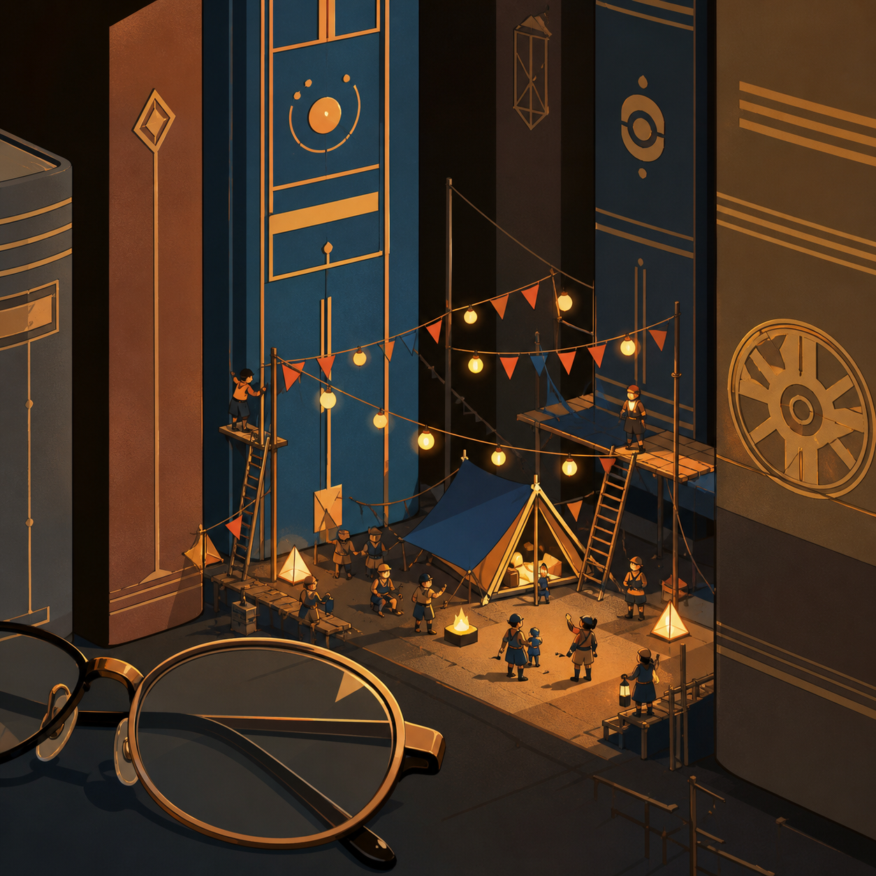 Tiny explorers establishing a camp between enormous library books, during a miniature festival full of delicate points of light. Macro diorama composition with one ordinary object anchoring scale. Amber, walnut brown, ra