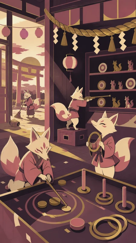 Small fox spirits copying the visitors' festival games after closing, during late afternoon as lanterns begin to glow. Quiet post-festival composition centered on workers and lefto