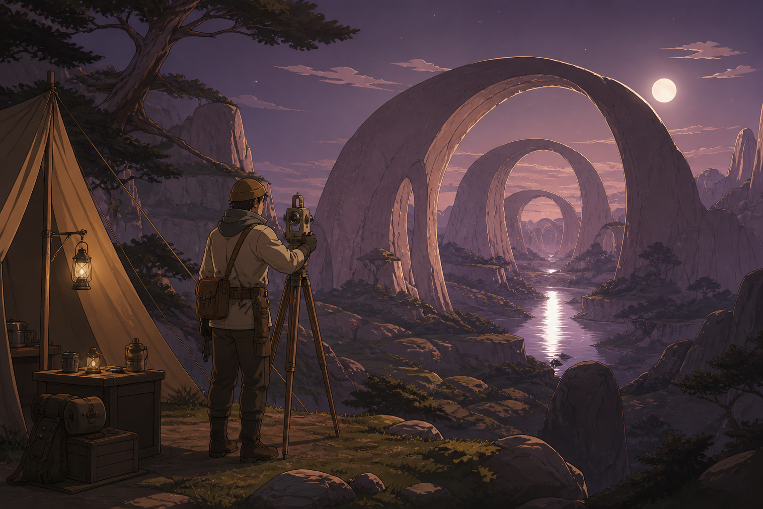 An adult surveyor measuring a forest of enormous smooth stone arches, at the first unobstructed view of the expedition's destination. Medium camp scene opening onto a monumental distant view. Muted rose, parchment, muted