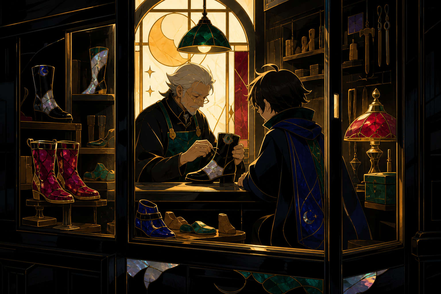 A cobbler repairing boots worn thin by journeys through dreams, during a quiet transaction with an unexpectedly personal request. View from outside the window into a warmly arranged interior. Emerald, stained-glass ruby,