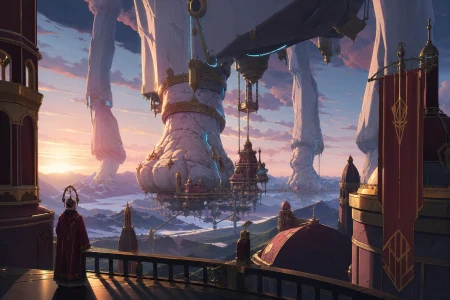 A mountain village suspended beneath migrating stone giants, seen during the first morning after a century-long winter. Wide landscape composition with dramatic foreground framing.