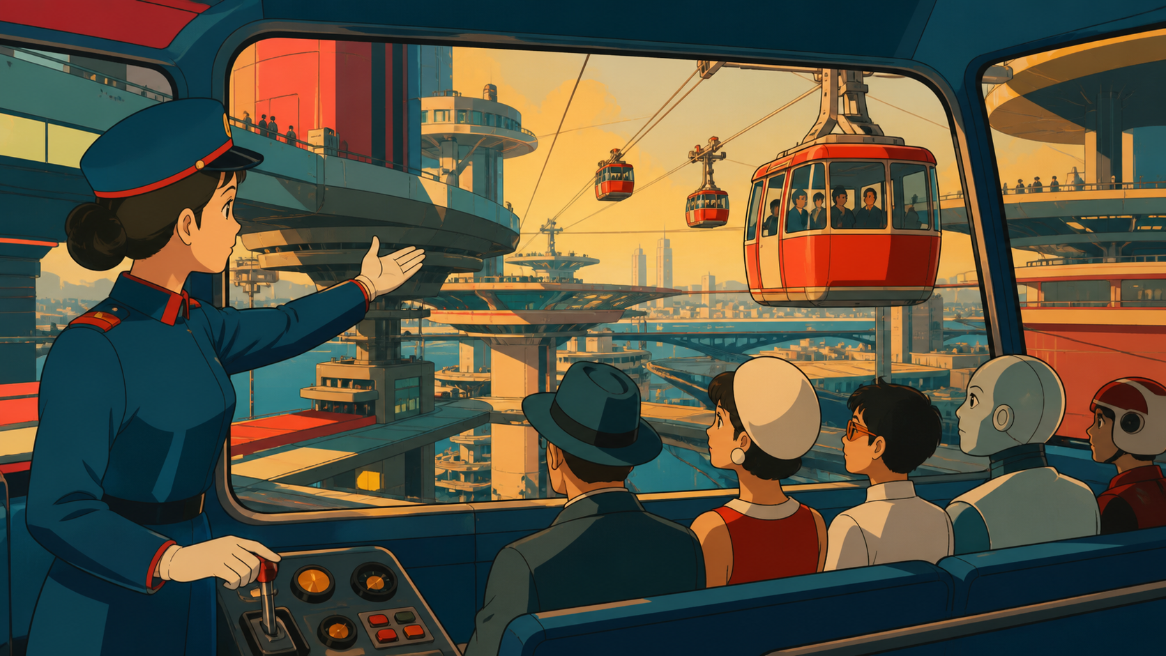 A cable-car operator guiding passengers between rooftop districts, as the route passes through several distinct levels of the city. Interior view looking through a large window at passing architecture. Petrol blue, oxide