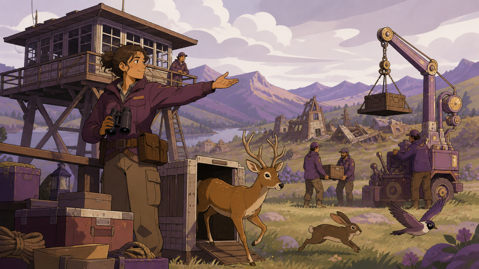 An adult fire lookout coordinating the return of wildlife after a distant evacuation, during the steady practical work after the immediate danger has passed. Human-scale teamwork frame surrounded by the larger affected e