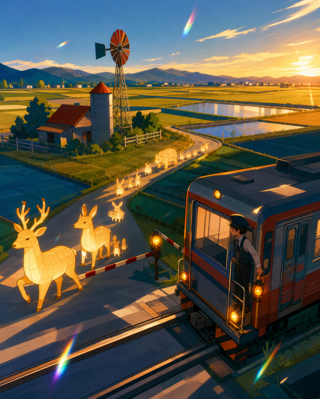 A rural train operator stopping for migrating lantern animals, shown as daily life with a restrained fantasy rule. Elevated view organizing fields and paths into clean graphic shapes. Petrol blue, oxide red, industrial g