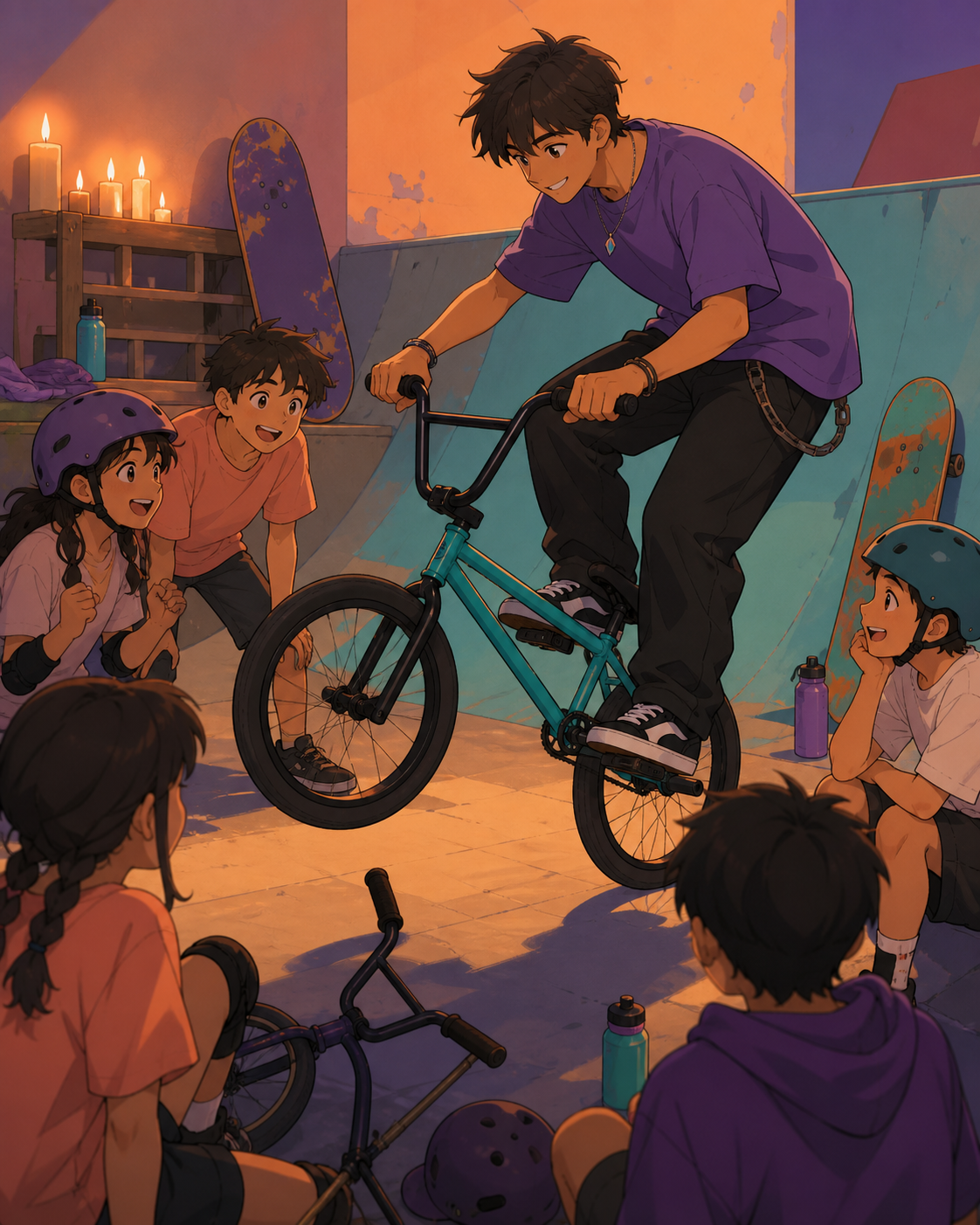 A BMX rider teaching neighborhood children a simple balance trick, during practice where encouragement matters more than competition. Side-on sequence-like frame with one athlete as the clear focal point. Apricot, orchid