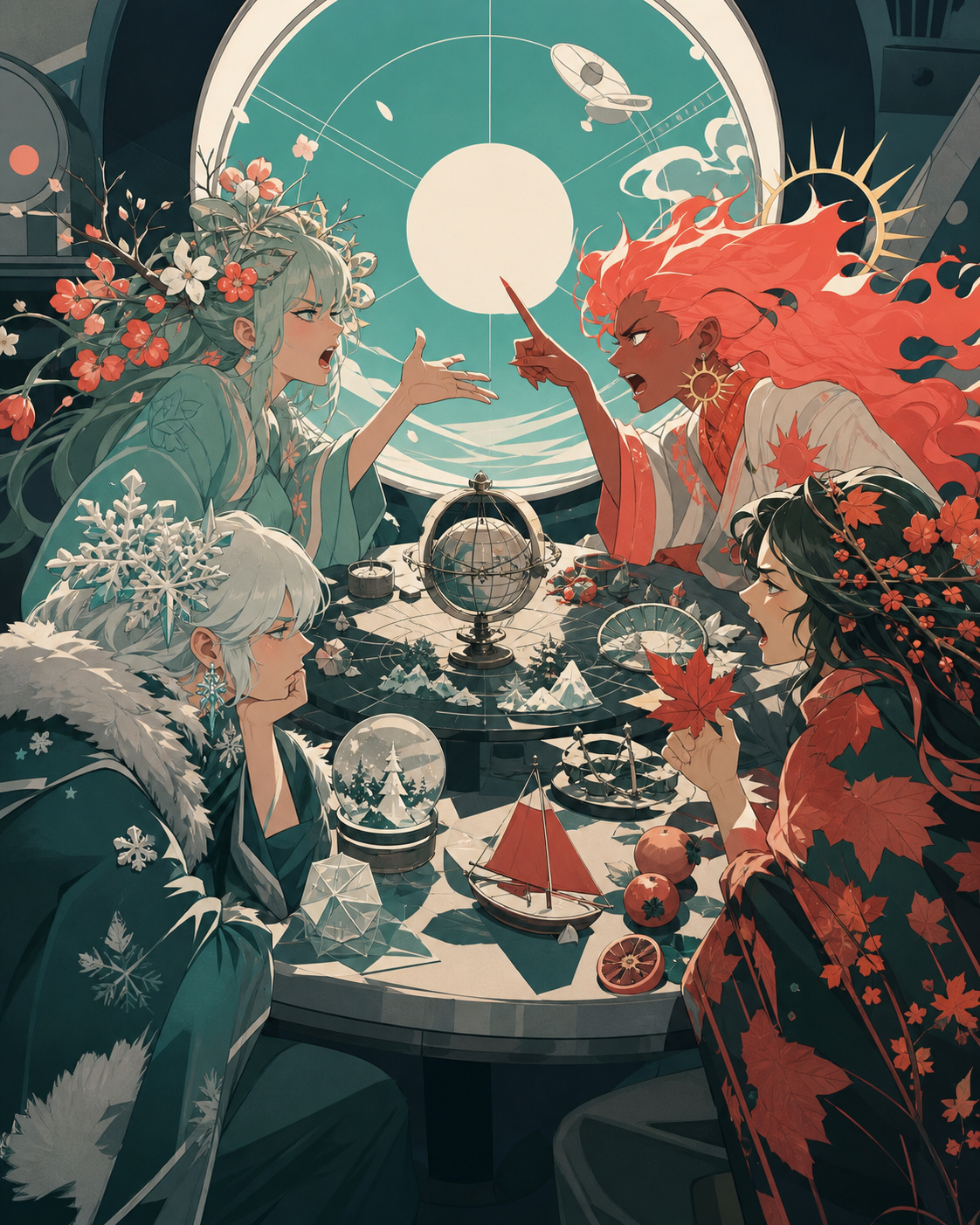 The four seasons arguing around a kitchen table through symbolic forms, built from layered symbolic objects that reward close inspection. Carefully staged surreal tableau with a single unmistakable focal point. Sea-glass