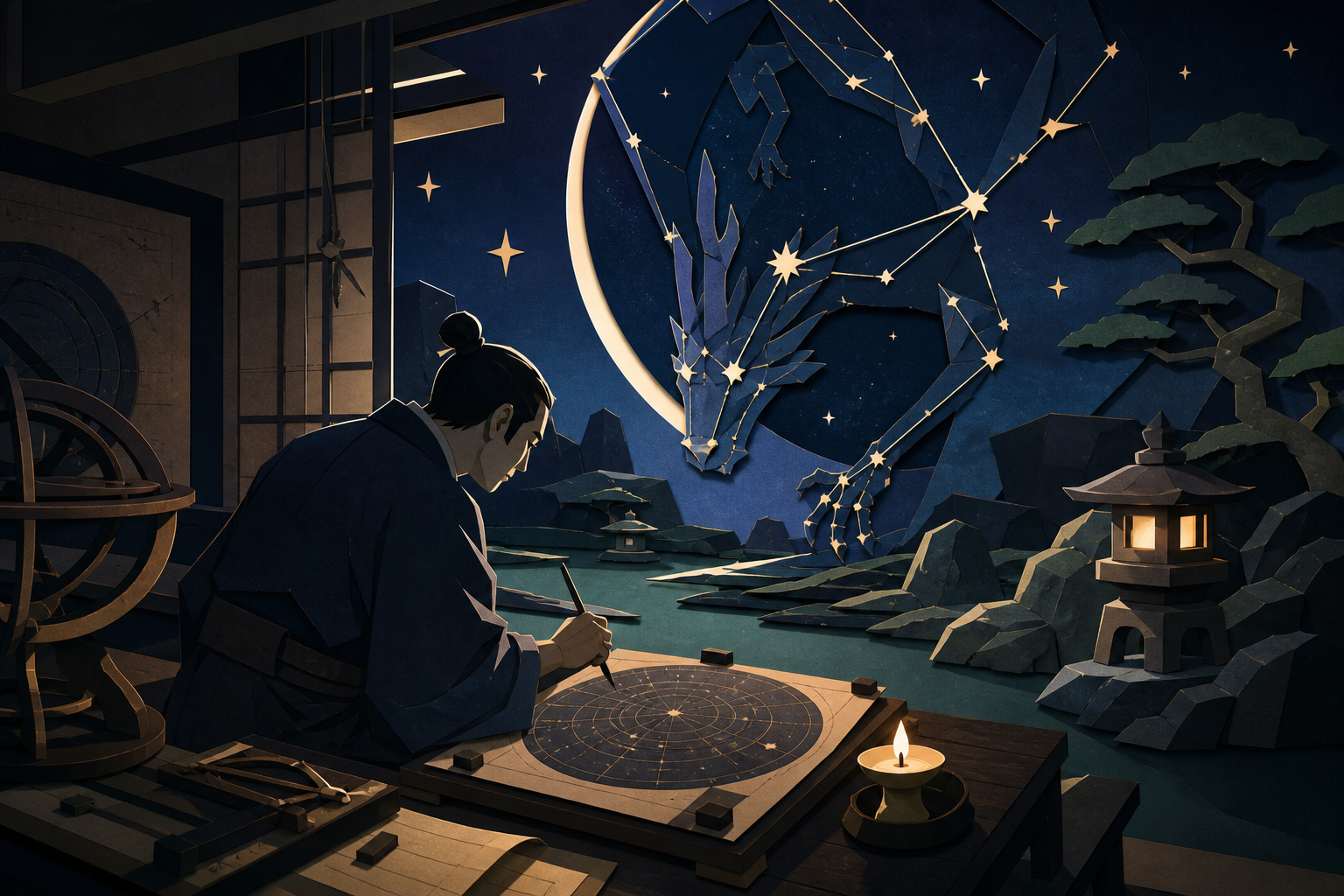 An Edo-period astronomer mapping a constellation that has descended into the garden, during ordinary work rather than a royal ceremony or battlefield. Painterly historical scene centered on work, place, and atmosphere. M