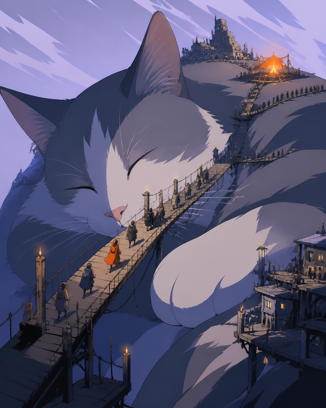 Commuters crossing a bridge over an enormous sleeping house cat, during a journey that uses the giant object as landscape. Epic wide frame contrasting tiny civilization with one giant object. Pale lavender, icy blue, gra