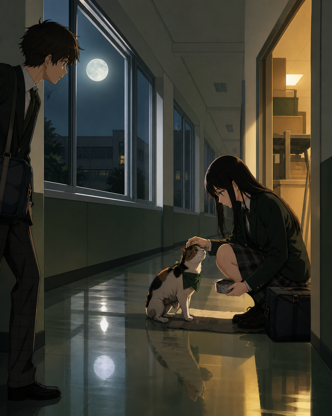 A student council president secretly caring for a stray three-legged cat, during a quiet moment when a friendship visibly changes. Corridor perspective leading toward one small discovery. Moss green, slate gray, mushroom