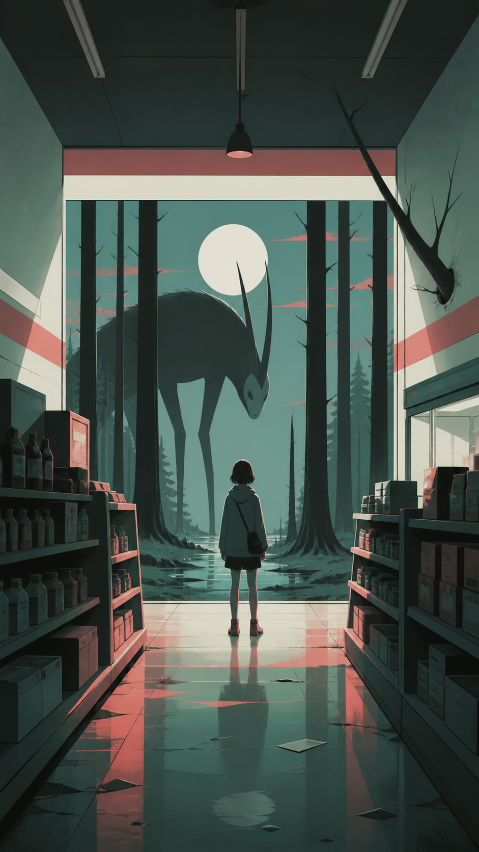 A late-night convenience store whose aisles extend into a moonlit forest, quiet and beautiful enough to invite curiosity despite the unease. Still symmetrical frame disturbed by one small impossible detail. Celadon, cora