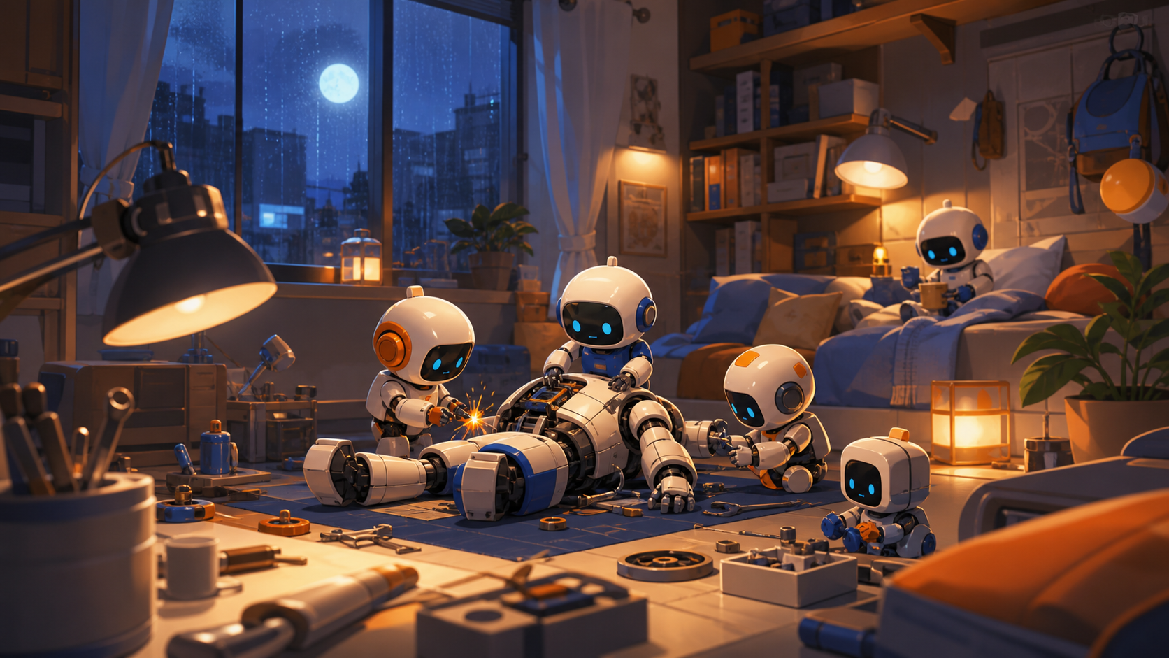 A cluttered bedroom workshop where miniature robots repair one another, during a rainy evening with every warm light switched on. Cozy eye-level view with foreground objects framing the scene. Cobalt, persimmon orange, w