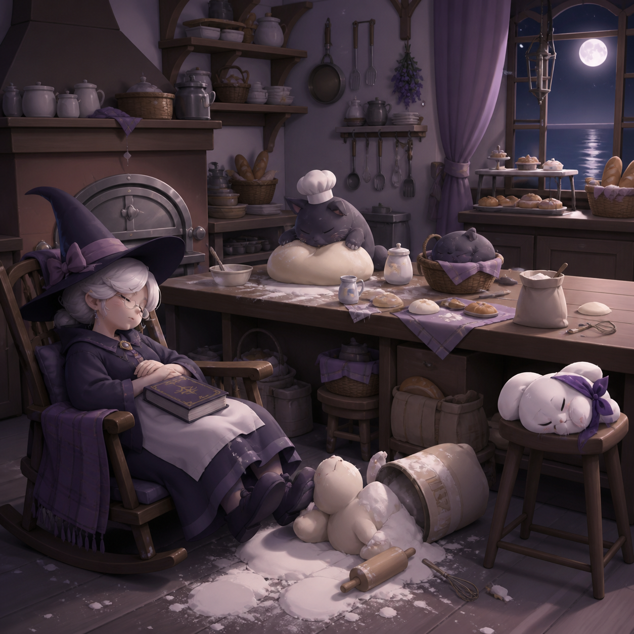 A tiny bakery shared by an elderly witch and several flour-covered familiars, during a quiet afternoon nap interrupted by one small mishap. Inviting room-wide composition with several discoverable details. Mulberry, tea 