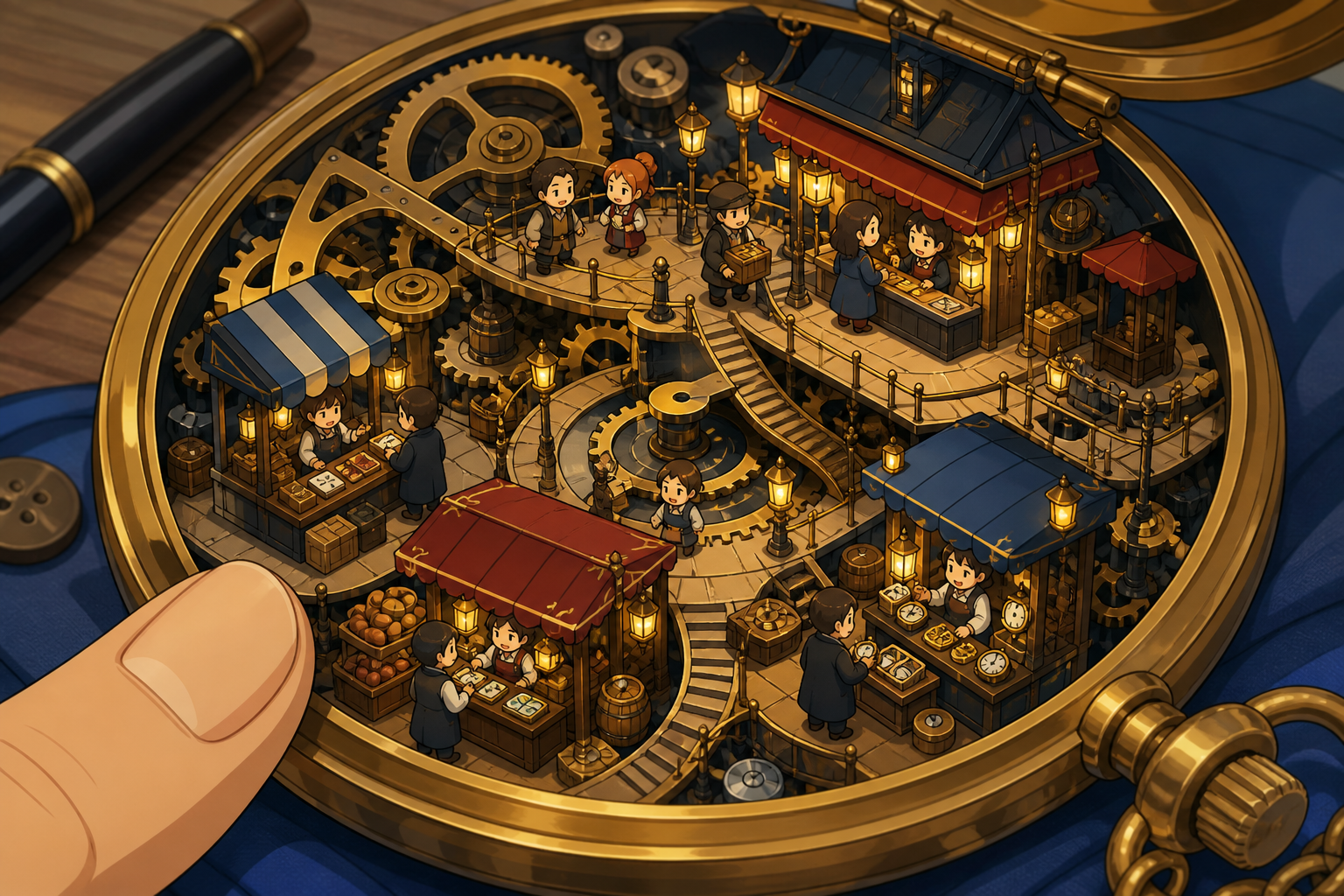 A bustling market hidden inside the mechanism of a pocket watch, observed at close range with ordinary objects revealing the tiny scale. Isometric-like miniature vista with multiple readable zones of activity. Pine black